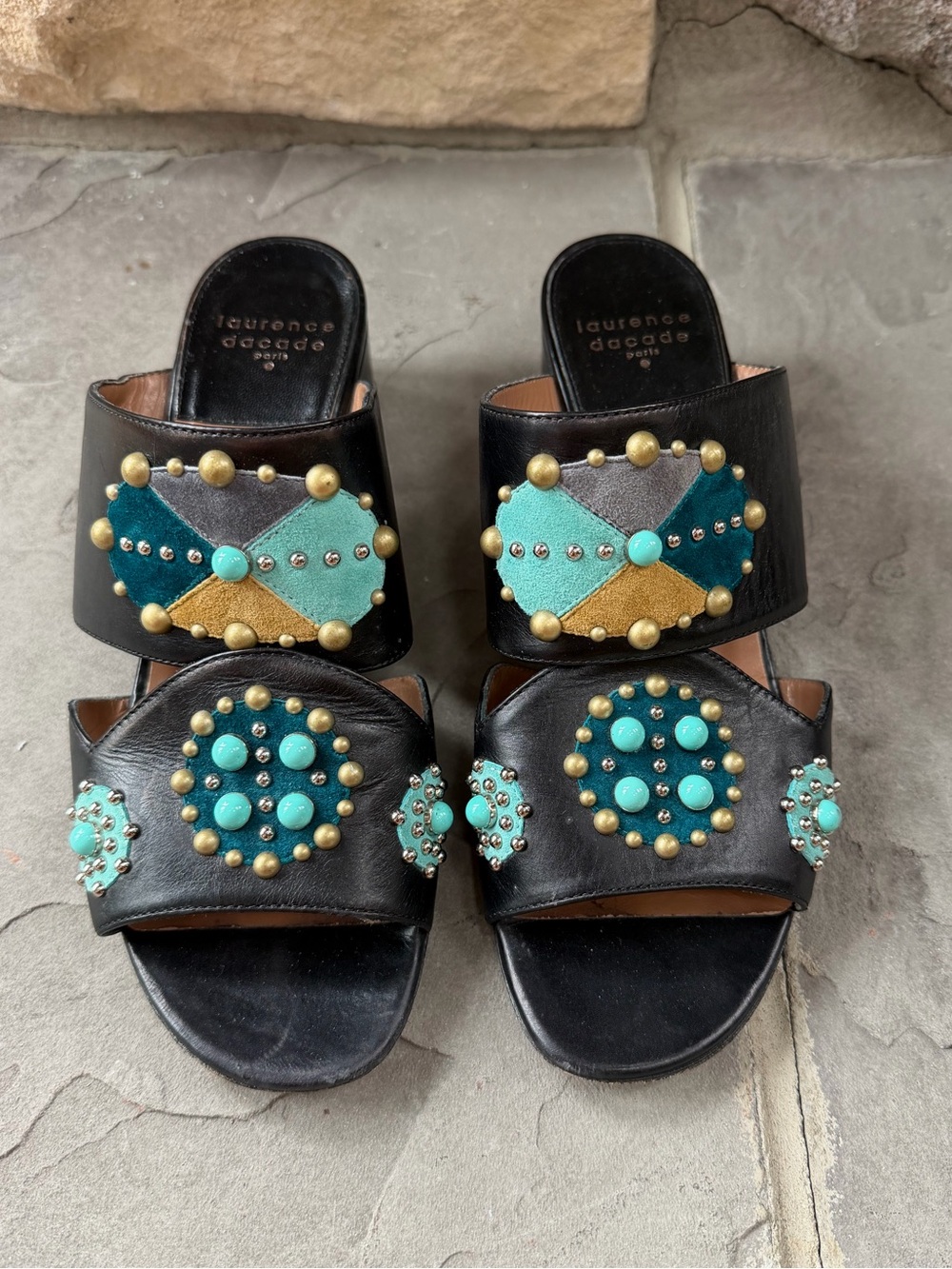 Laurence Dacade Leather mules, black with turquoise embellishment, block heel